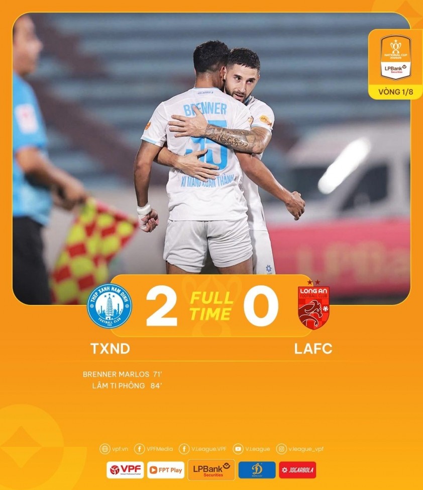 Nam Định giành chiến thắng chung cuộc với tỷ số 2-0