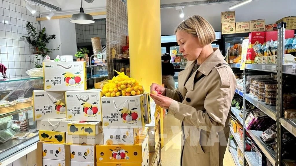 Một khách hàng Pháp đang nếm thử trái vải thiều đầu tiên của mùa vụ 2025 của Việt Nam.