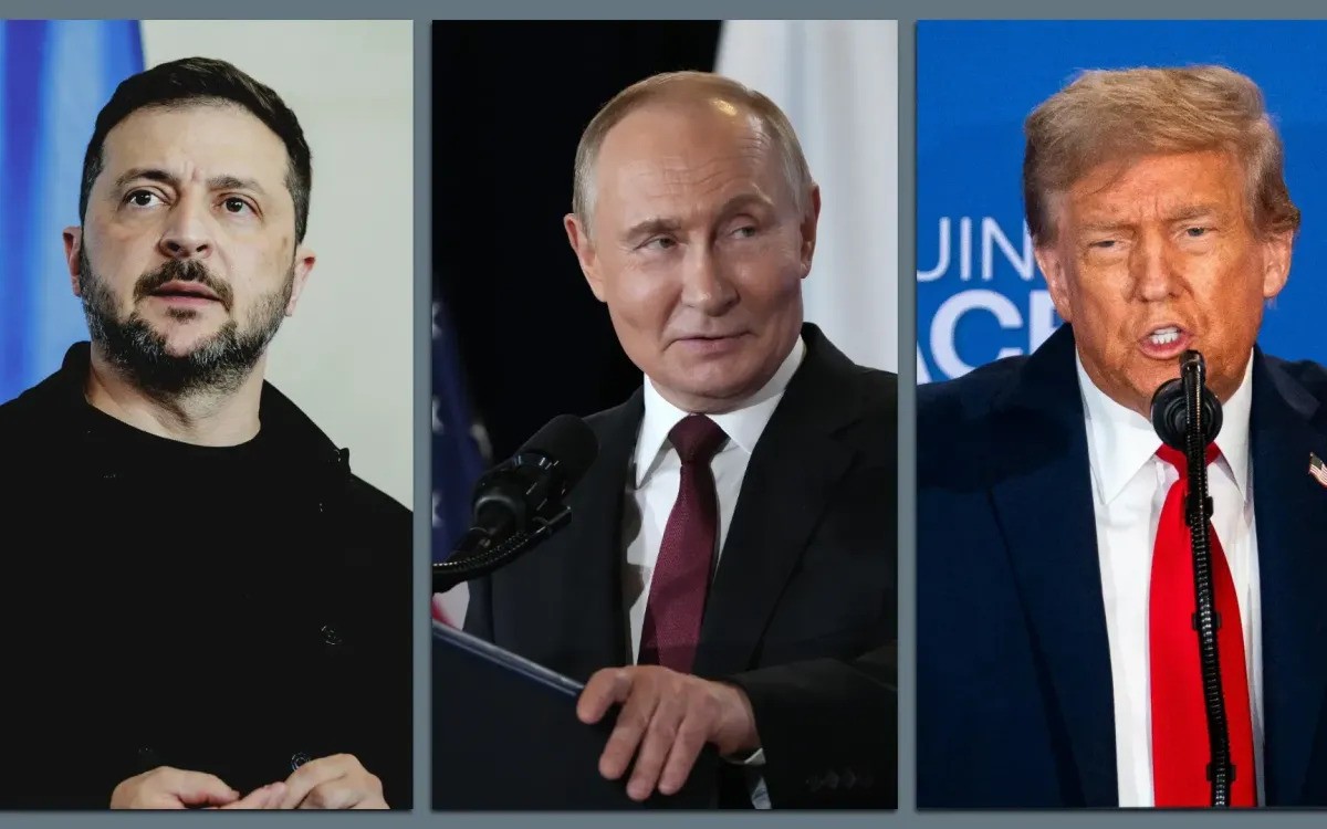 (Từ trái qua phải): Tổng thống Ukraine Zelensky, Tổng thống Nga Putin, Tổng thống Mỹ Trump. nga-my-uca.jpg