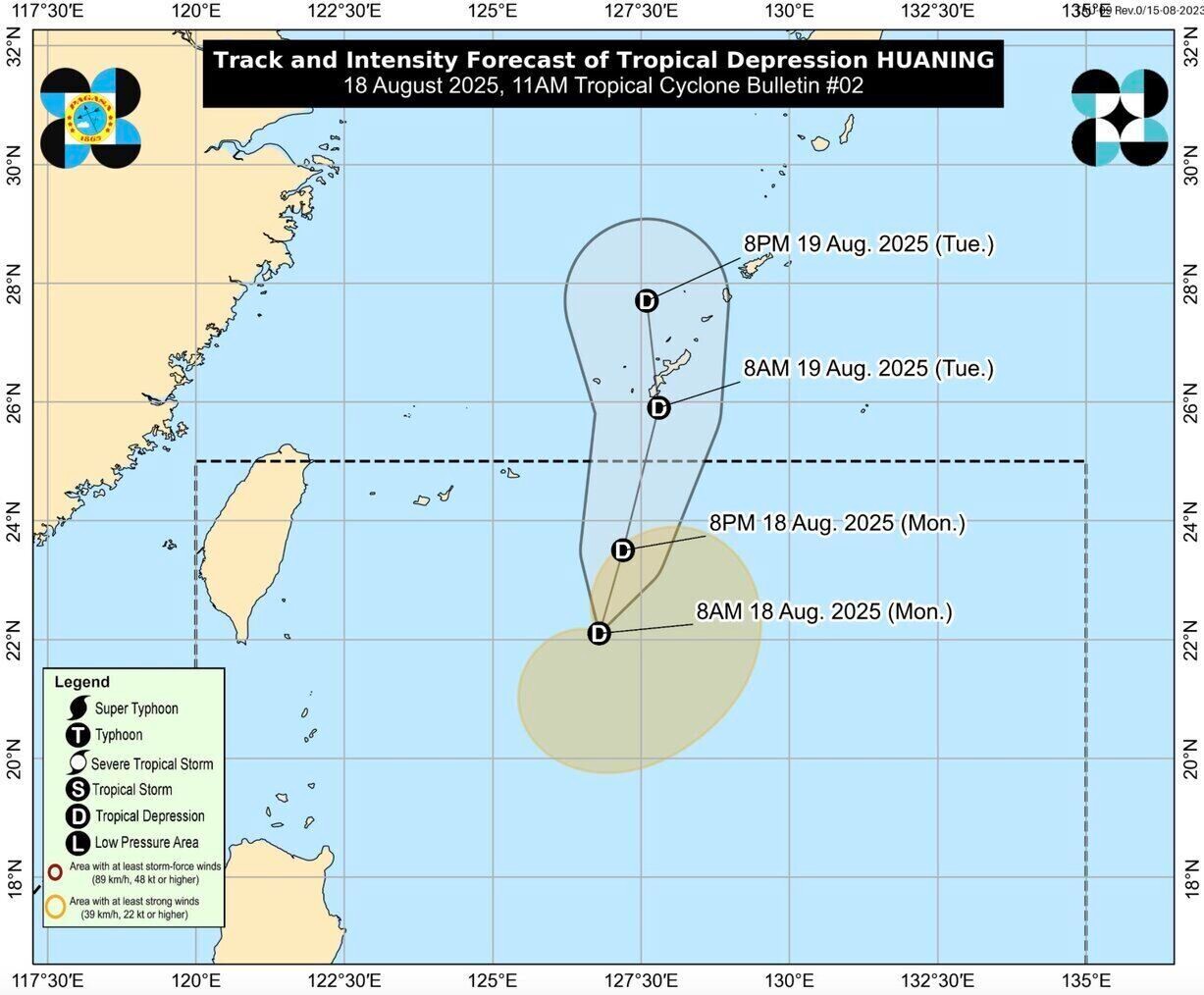 Dự báo đường đi của áp thấp nhiệt đới Huaning. Ảnh: PAGASA Dự báo đường đi của áp thấp nhiệt đới Huaning. Ảnh: PAGASA