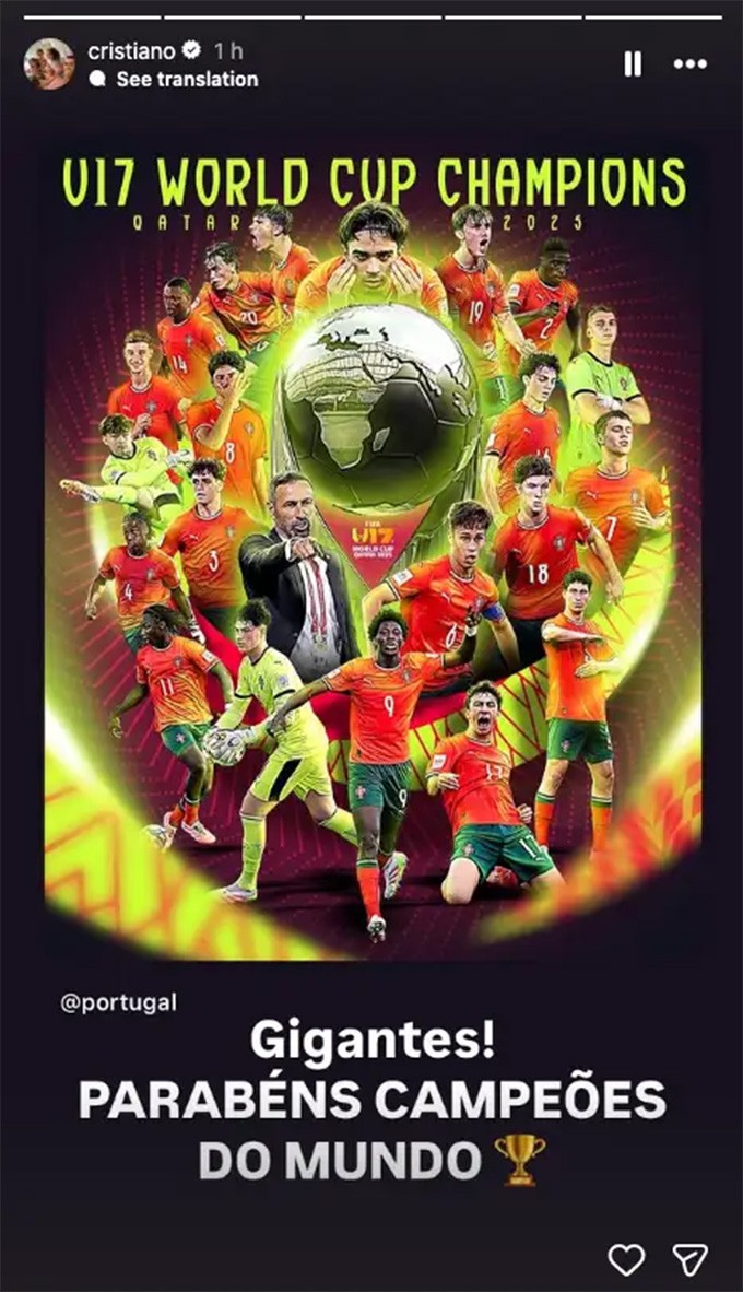 Thông điệp chúc mừng đơn giản của CR7 trên trang cá nhân có 668 triệu người theo dõi.