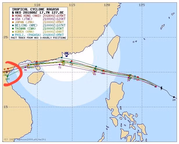 7 đài khí tượng thủy văn quốc tế dự báo bão Ragasa đi vào đất liền Việt Nam.