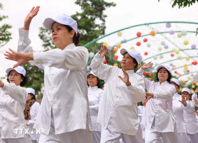 Màn đồng diễn Thái Cực quyền của người cao tuổi tại Ngày hội rèn luyện sức khỏe người cao tuổi thủ đô năm 2024.