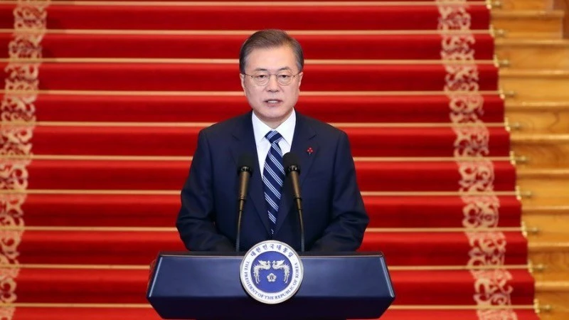 Ông Moon Jae In phát biểu trong một sự kiện ở Nhà Xanh năm 2020 (Ảnh: Tân Hoa xã)