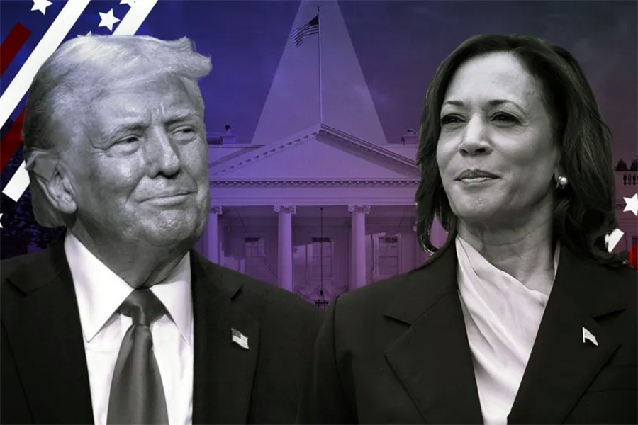 Ông Trump (trái) và bà Harris đang bám đuổi nhau rất sát về tỉ lệ tín nhiệm trước ngày bầu cử tổng thống Mỹ 2024. Ảnh: BBC Ông Trump (trái) và bà Harris đang bám đuổi nhau rất sát về tỉ lệ tín nhiệm trước ngày bầu cử tổng thống Mỹ 2024. Ảnh: BBC