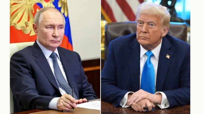 Tổng thống Nga Vladimir Putin (trái) và người đồng cấp Mỹ Donald Trump. (Ảnh: TASS)