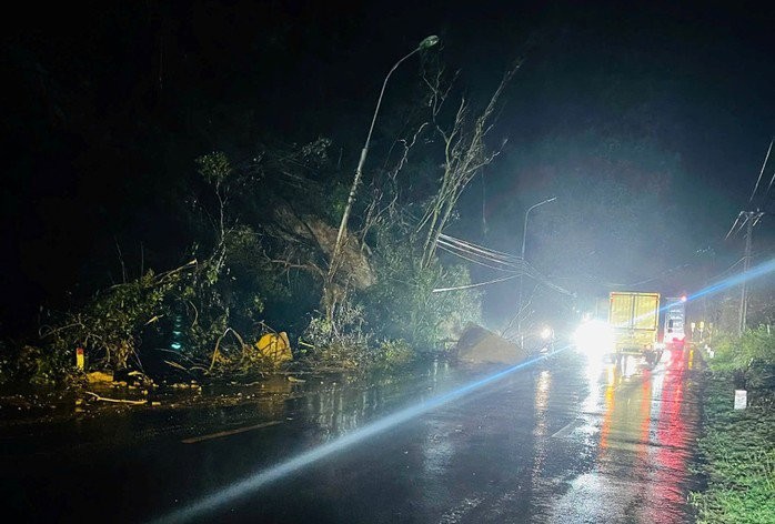 Mưa lớn gây sạt lở trên Quốc lộ 1D đoạn thuộc phường Quy Nhơn Nam, tỉnh Gia Lai.