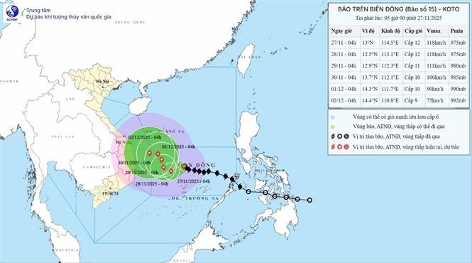 Hướng di chuyển của bão số 15 lúc 4 h ngày 27/11.
