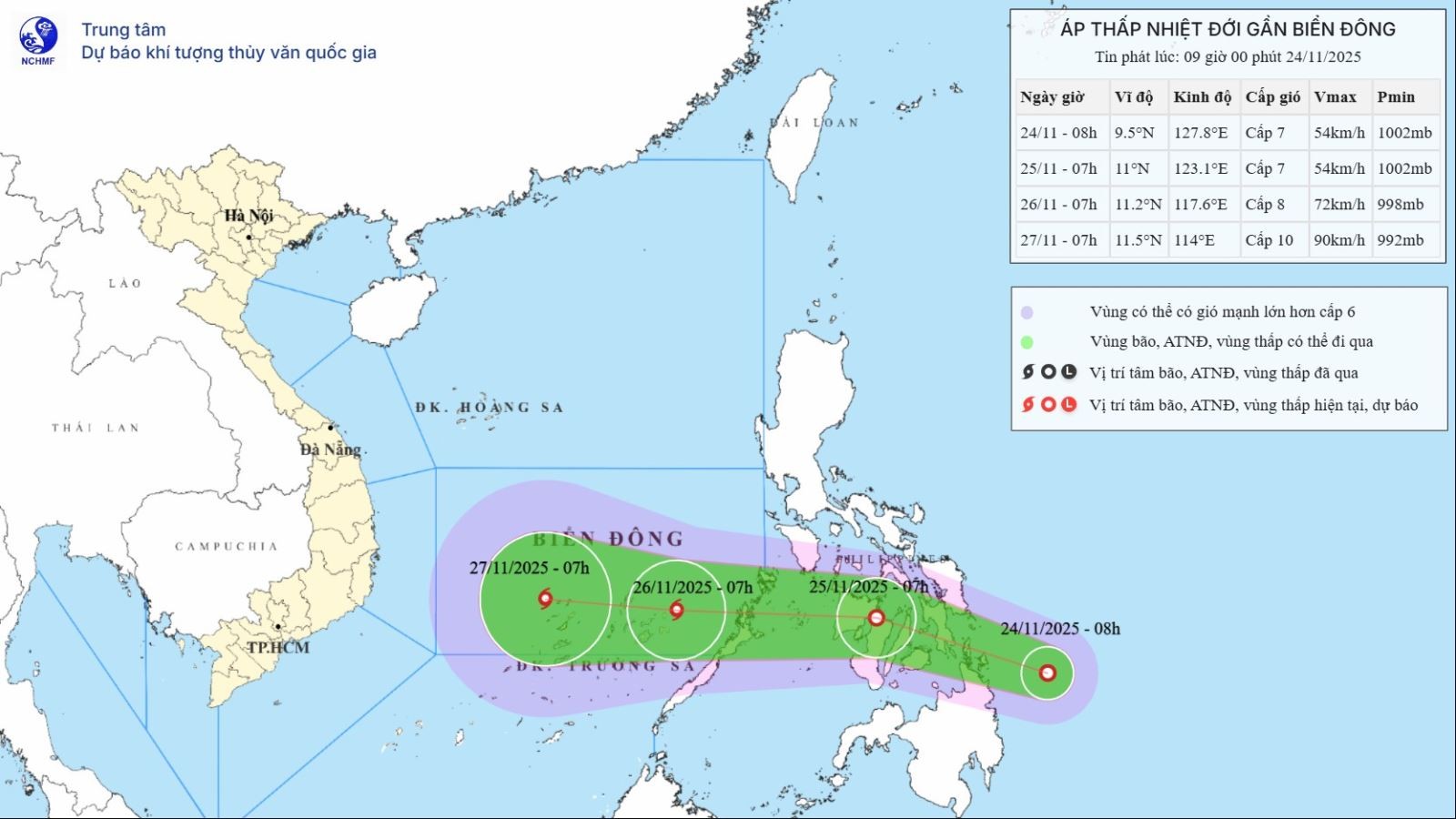 Vị trí và đường đi của áp thấp nhiệt đới.