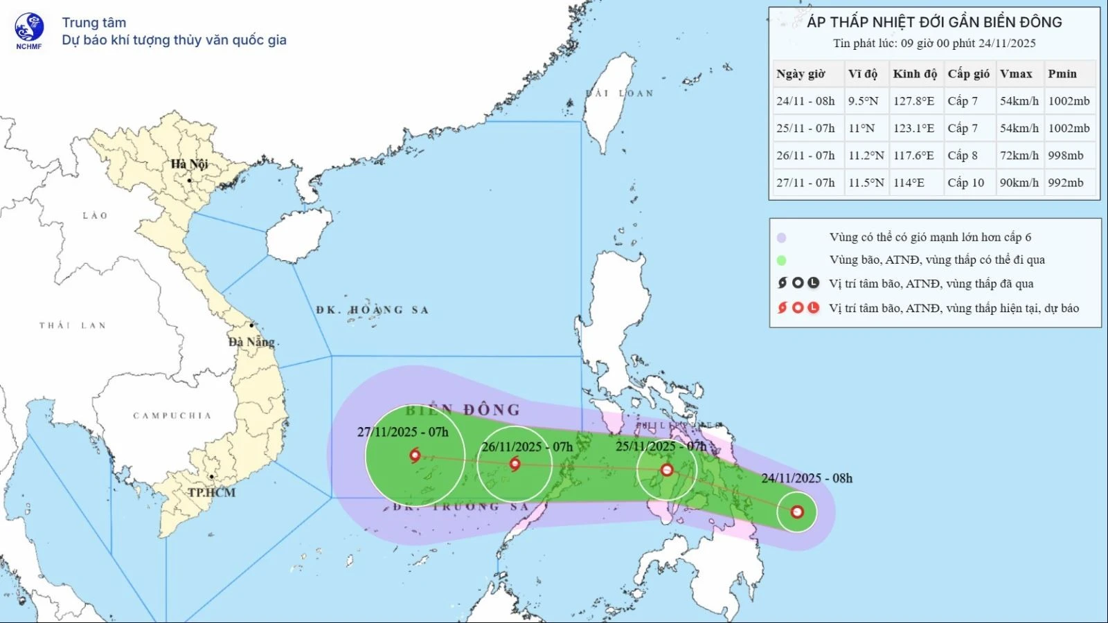 Vị trí và đường đi của áp thấp nhiệt đới.