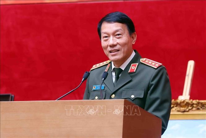 Đại tướng Lương Tam Quang, Uỷ viên Bộ Chính trị, Bí thư Đảng uỷ Công an Trung ương, Bộ trưởng Bộ Công an phát biểu.