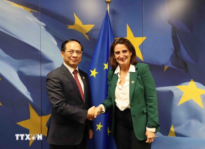 Phó Thủ tướng Bùi Thanh Sơn và Phó Chủ tịch thường trực EC, Teresa Ribera, phụ trách chuyển đổi xanh, công bằng và cạnh tranh. Phó Thủ tướng Bùi Thanh Sơn và Phó Chủ tịch thường trực EC, Teresa Ribera, phụ trách chuyển đổi xanh, công bằng và cạnh tranh.