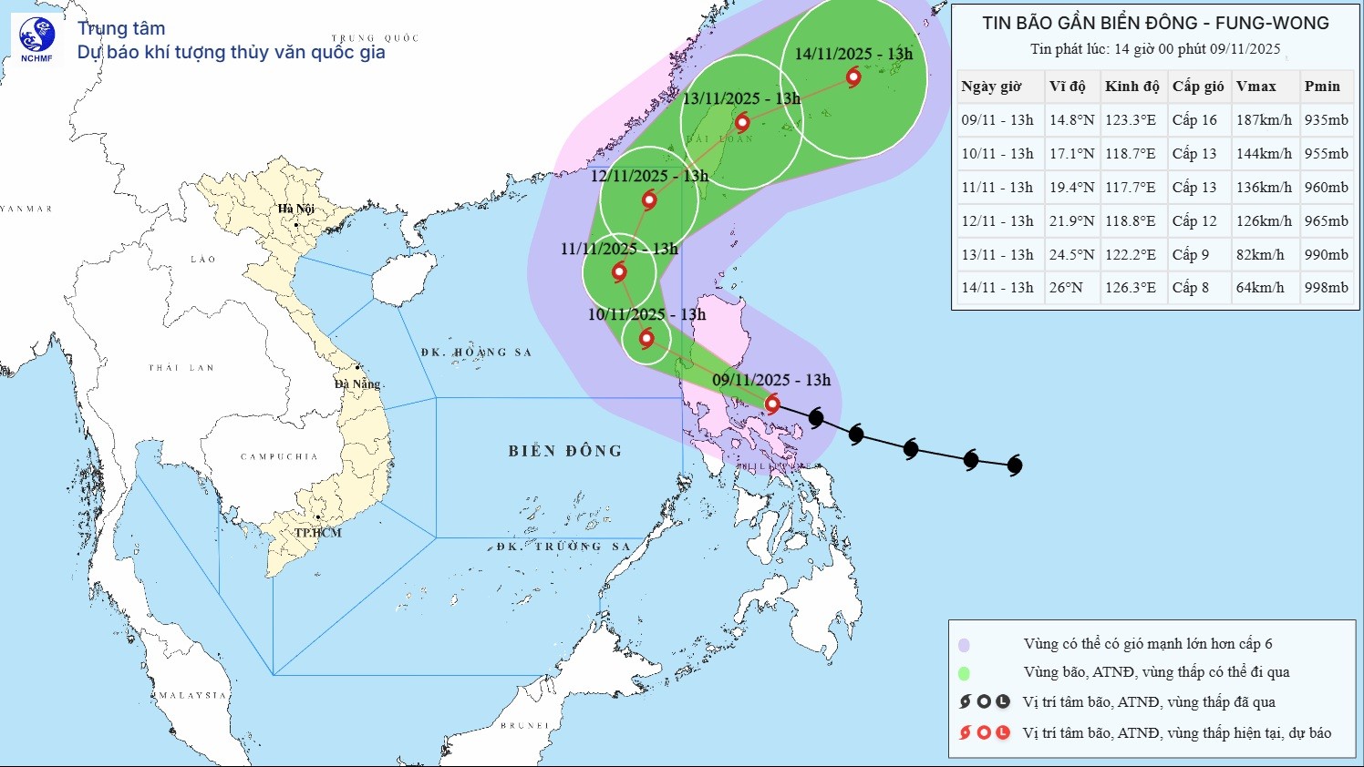 Vị trí và đường đi của bão Fung-wong.