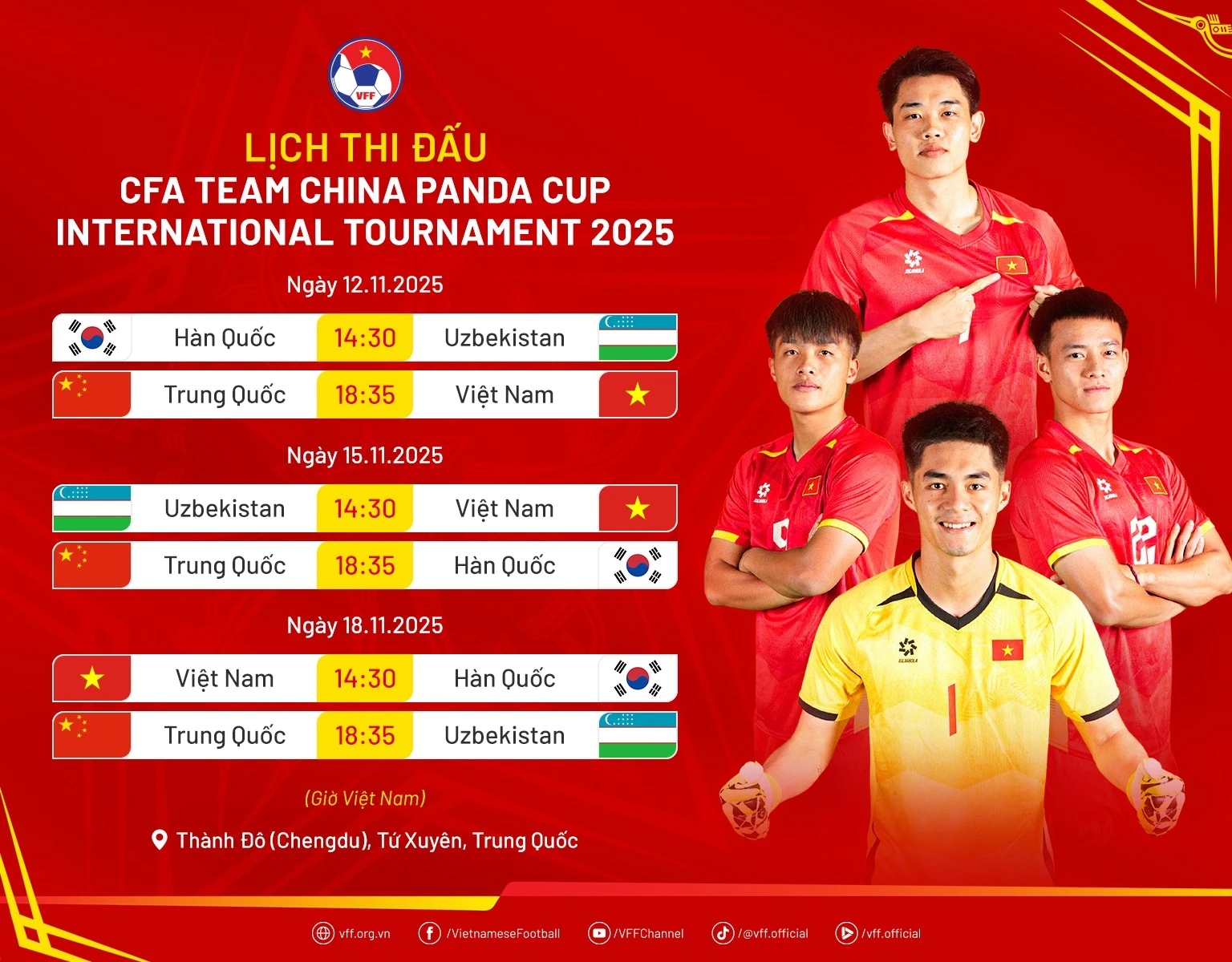 Lịch thi đấu của đội tuyển U22 Việt Nam tại giải giao hữu quốc tế Giải CFA Team China Panda Cup 2025.