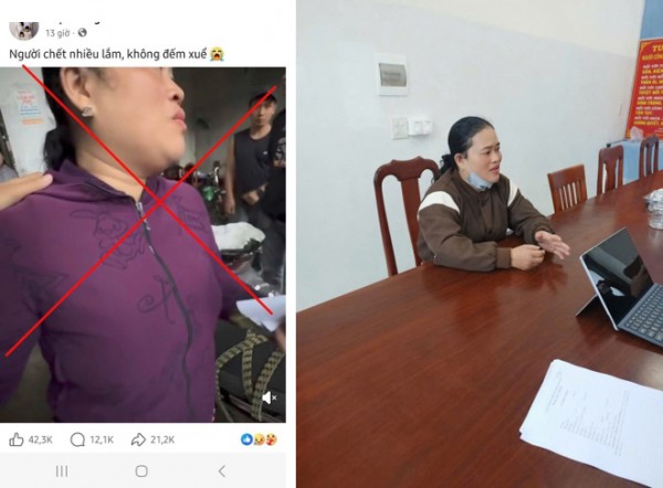 Hình ảnh bà V trong video đề cập đến những thông tin thất thiệt về số người chết ở xã Hoà Thịnh, tỉnh Đắk Lắk (ảnh trái). Bà V tại cơ quan Công an sau khi đưa tin thất thiệt (ảnh phải).