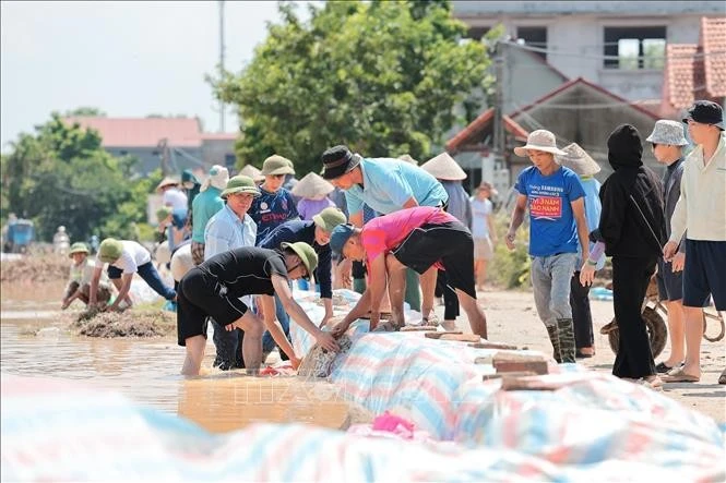 Người dân thôn Cốc Nương, xã Đa Phúc, Hà Nội khẩn trương gia cố đê Sông Cầu.