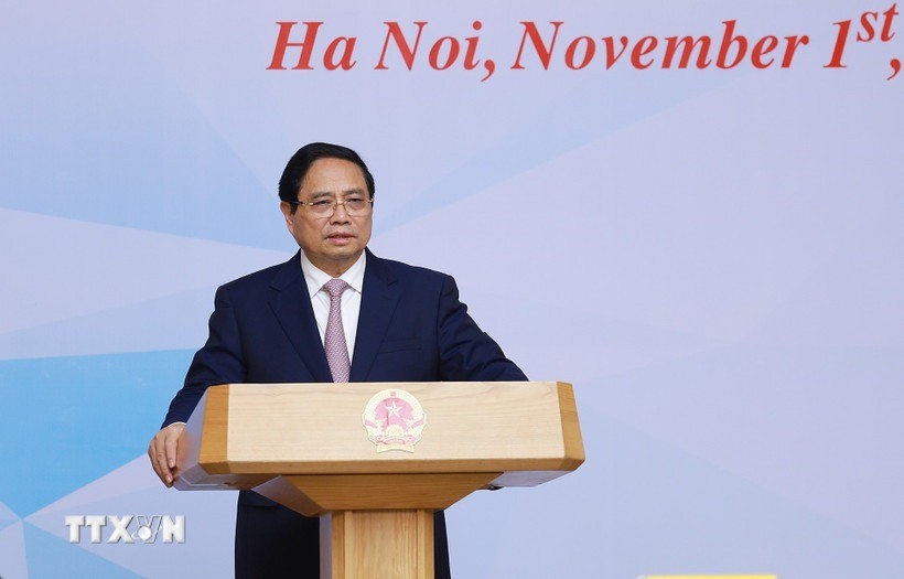 Thủ tướng Phạm Minh Chính chủ trì Hội nghị tham vấn các chuyên gia, tổ chức trong nước và quốc tế về thành lập Trung tâm tài chính quốc tế tại Việt Nam. ttxvn-0111-thu-tuong-trung-tam-t.jpg