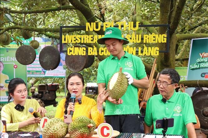 Bà Ngô Thị Minh Trinh, Bí thư Đảng ủy xã Ea Knuếc (tỉnh Đắk Lắk) cùng doanh nghiệp và người trồng sầu riêng tổ chức phiên livestream “Bán sầu riêng cùng bà con buôn làng” trên các nền tảng TikTok, Facebook.
