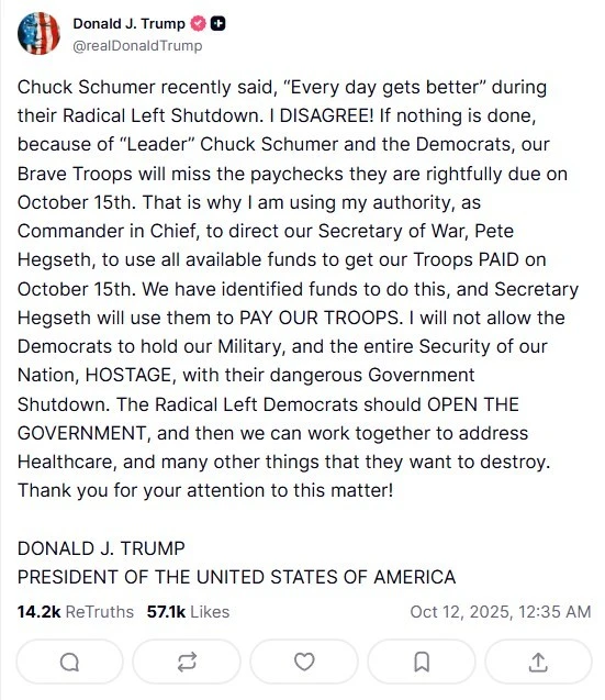 Bài đăng của Tổng thống Donald Trump trên mạng xã hội TruthSocial.