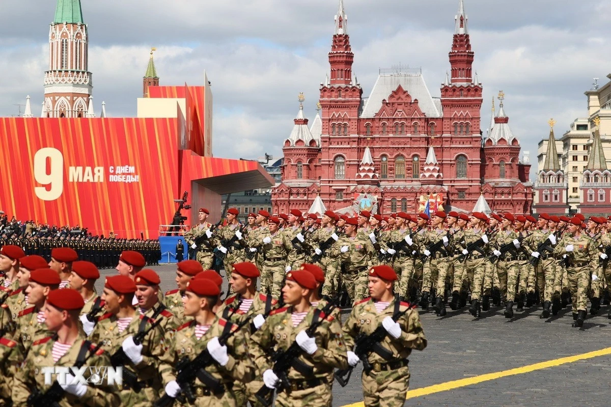 Binh sỹ tham gia lễ duyệt binh kỷ niệm 80 năm Ngày Chiến thắng trên Quảng trường Đỏ tại Moskva, Nga ngày 9/5/2025.
