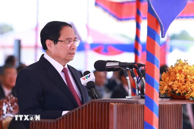 Thủ tướng Phạm Minh Chính phát biểu tại Lễ khai trương Cặp cửa khẩu quốc tế Tân Nam- Meun Chey.