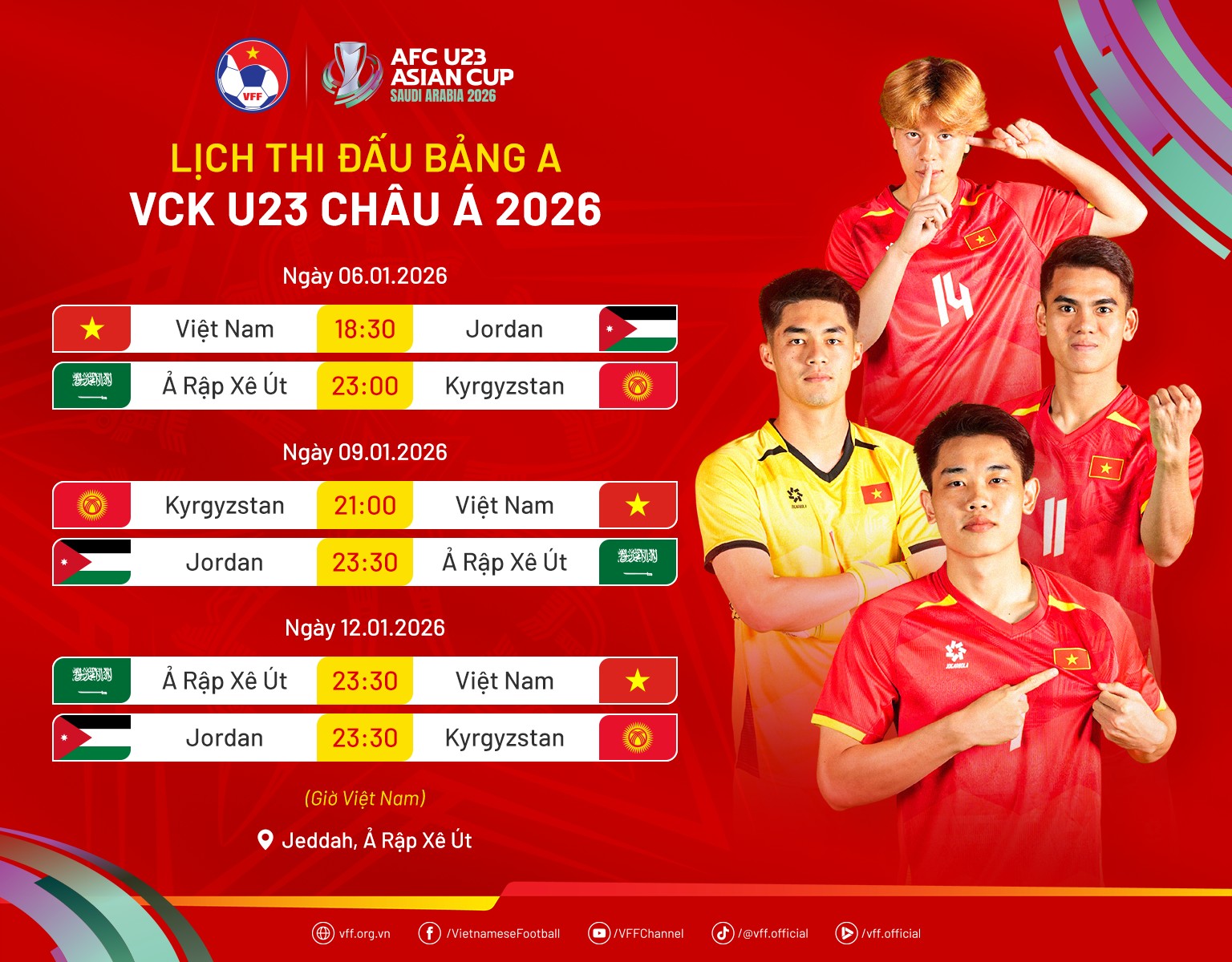 Lịch thi đấu đội tuyển U23 Việt Nam tại VCK U23 châu Á 2026.