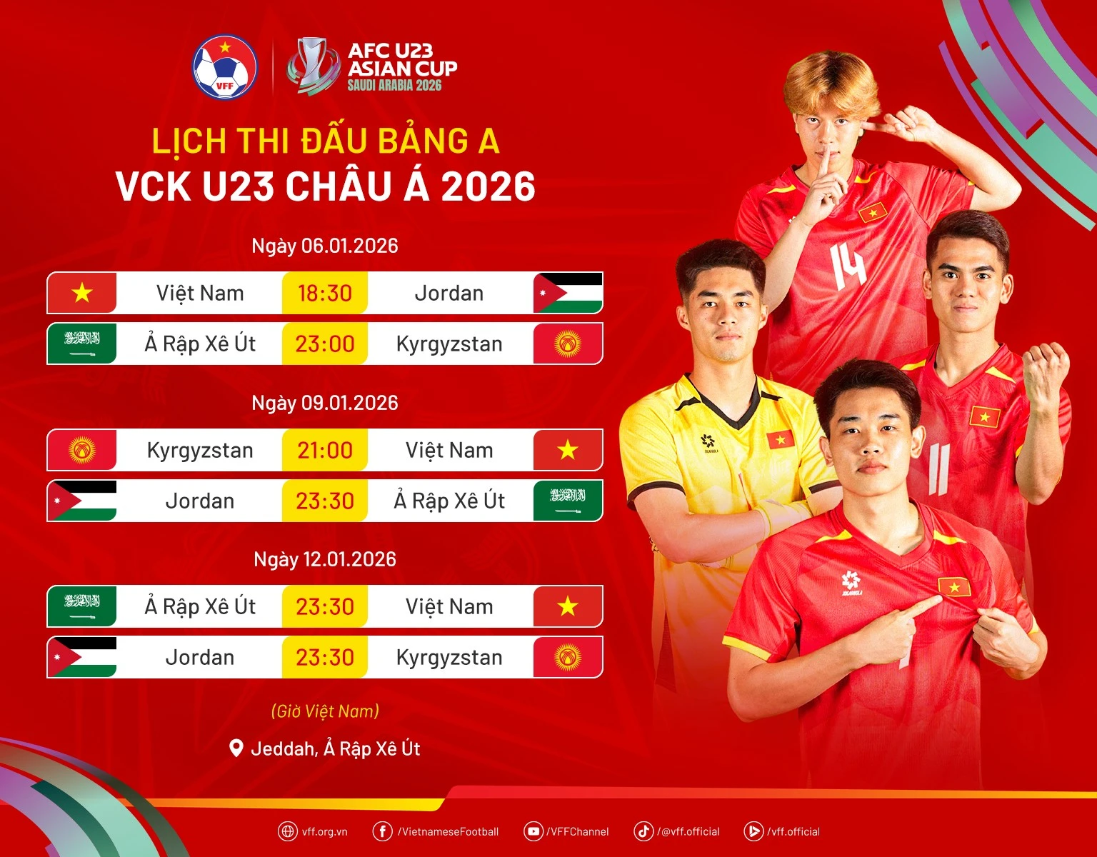 Lịch thi đấu đội tuyển U23 Việt Nam tại VCK U23 châu Á 2026.
