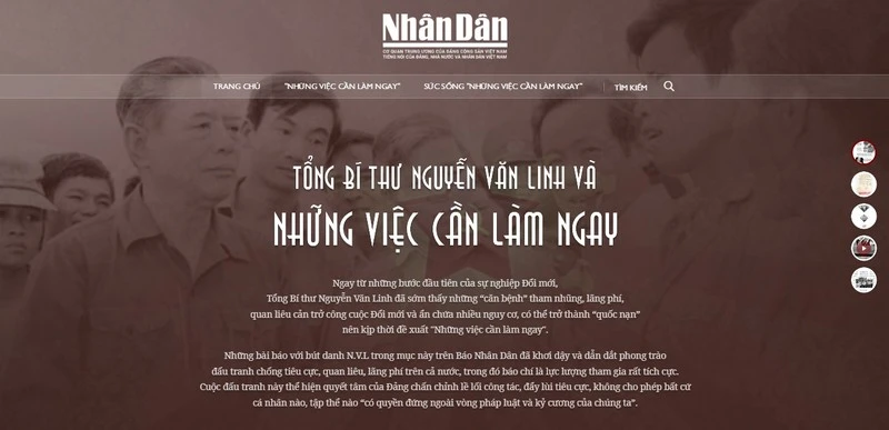 Giao diện Trang thông tin đặc biệt Tổng Bí thư Nguyễn Văn Linh và “Những việc cần làm ngay”.