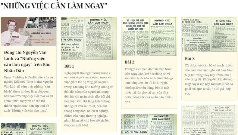 Chuyên mục "Những việc cần làm ngay" của Trang thông tin đặc biệt số hóa kho tư liệu đặc biệt với 31 bài báo của đồng chí Nguyễn Văn Linh đăng trên Báo Nhân Dân trong chuyên mục Những việc cần làm ngay (số đầu tiên 25/5/1987, số cuối cùng 28/9/1990).