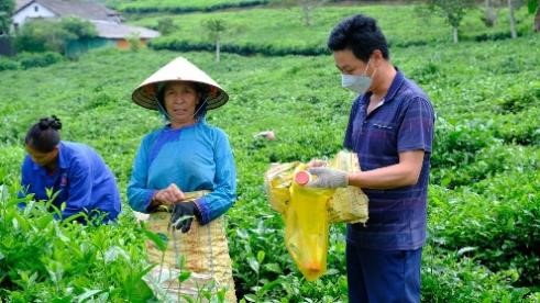Bí thư Chi bộ Hù Văn Chang tuyên truyền bà con sử dụng và để bao bì thuốc bảo vệ thực vật đúng nơi quy định. Học Bác 3.jpg