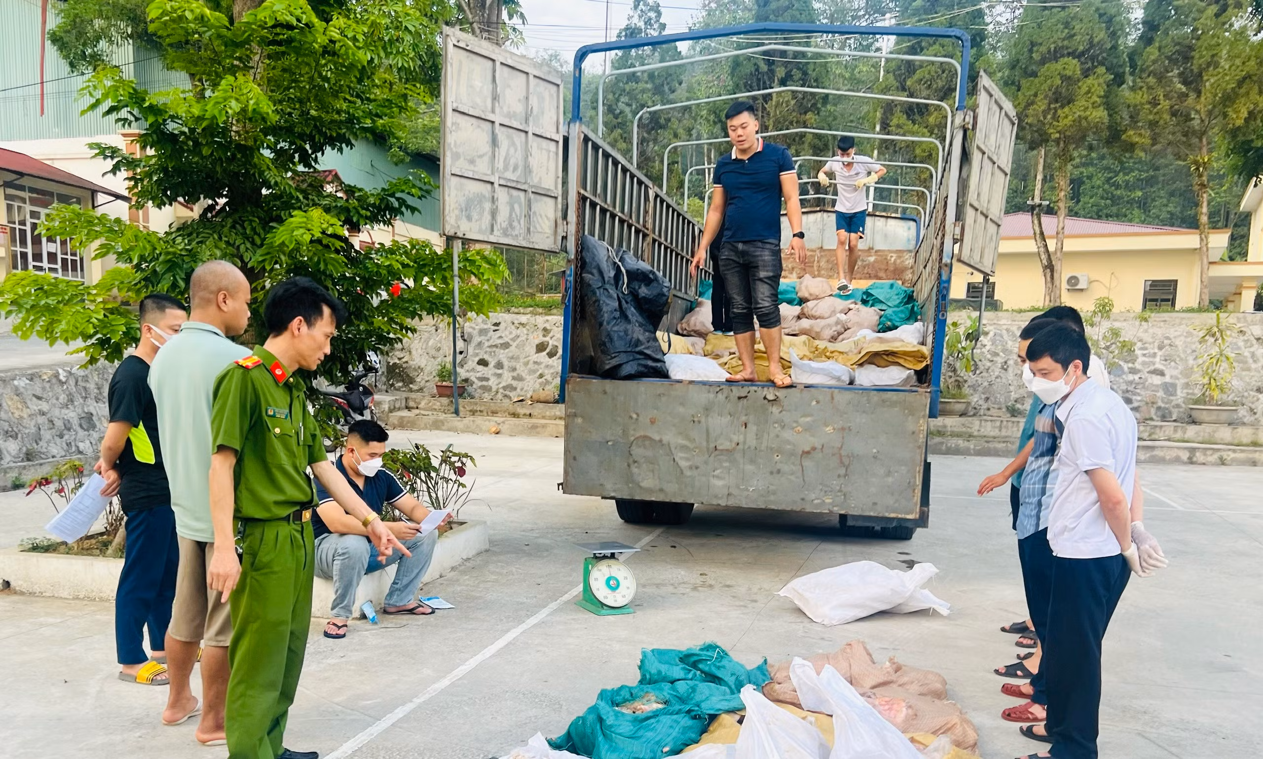 Ảnh 2. Lực lượng chức năng tiến hành kiểm đếm toàn bộ lô hàng 180 bao thực phẩm đang bốc mùi phân hủy.jpg