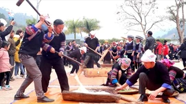 Du khách tham quan, trải nghiệm nội dung giã bánh của người Mông tại lễ hội sắc chàm Lao Chải năm 2026.