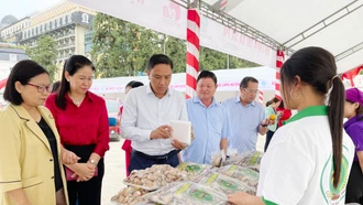 Đồng chí Phó Bí thư Tỉnh uỷ Hoàng Giang tham quan gian hàng Hội chợ hỗ trợ sinh kế cho hội viên phụ nữ