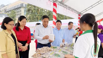 Đồng chí Phó Bí thư Tỉnh uỷ Hoàng Giang tham quan gian hàng Hội chợ hỗ trợ sinh kế cho hội viên phụ nữ