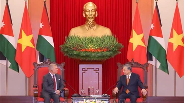 Tổng Bí thư Tô Lâm, Chủ tịch nước Lương Cường, Chủ tịch Quốc hội Trần Thanh Mẫn, Thủ tướng Phạm Minh Chính hội kiến Quốc vương Jordan Abdullah II Ibn Al-Hussein