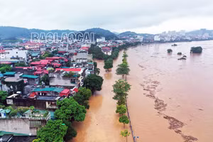 [Ảnh] Nước sông Hồng dâng cao, nhiều khu vực ở thành phố Lào Cai ngập sâu trong nước