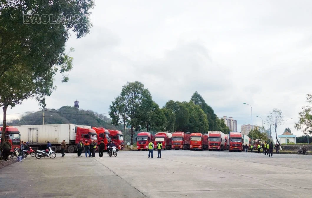 Những ngày cận Tết, lượng phương tiện chở hàng hóa xuất - nhập khẩu qua Cửa khẩu Quốc tế đường bộ số II Kim Thành tăng cao.