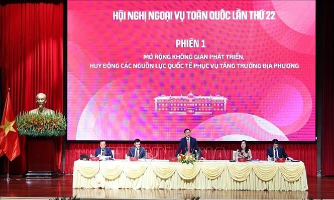 Đoàn Chủ tọa điều hành Hội nghị Ngoại vụ toàn quốc lần thứ 22. Ảnh: Minh Đức/TTXVN