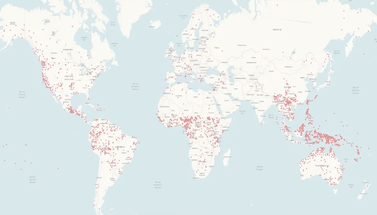 Bản đồ thể hiện các ngôn ngữ có nguy cơ bị tuyệt chủng.