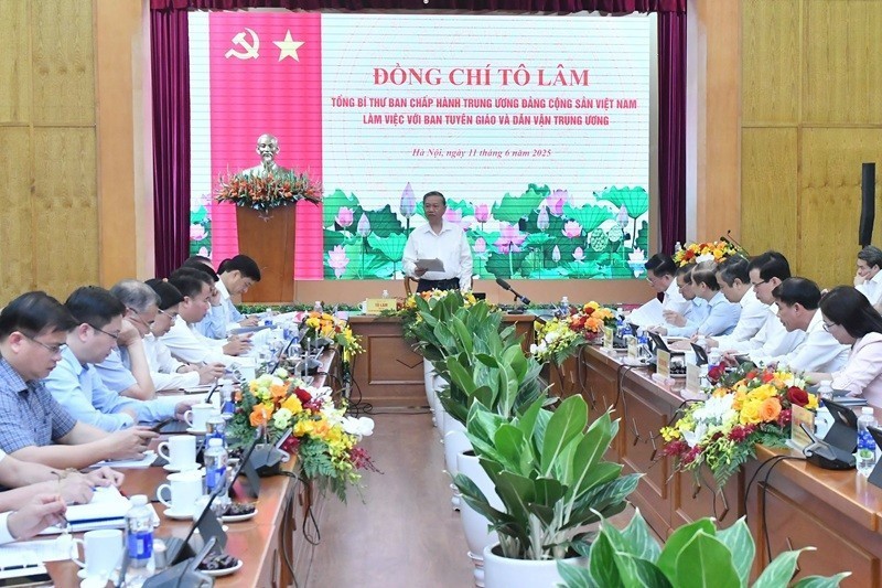 Tổng Bí thư Tô Lâm phát biểu tại buổi làm việc với Ban Tuyên giáo và Dân vận Trung ương, ngày 11/6/2025.