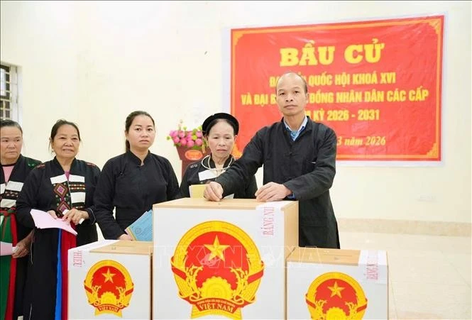 Đồng bào dân tộc Cao Lan, thôn Lọ, xã An Lạc, tỉnh Bắc Ninh phấn khởi đi bầu cử. Ảnh: Việt Hùng/TTXVN