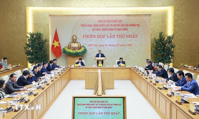 Thủ tướng Phạm Minh Chính chủ trì Phiên họp lần thứ nhất của Ban Chỉ đạo về phát triển kinh tế nhà nước. (Ảnh: Dương Giang/TTXVN)