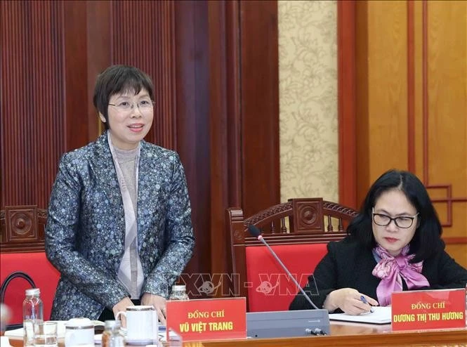 Đồng chí Vũ Việt Trang, Tổng Giám đốc Thông tấn xã Việt Nam phát biểu tại buổi làm việc.