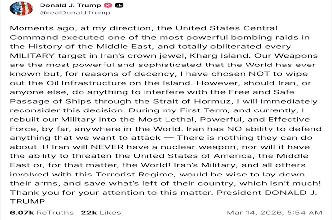 Trong bài đăng trên mạng xã hội Truth Social vào sáng 14/3/2026, theo giờ Việt Nam, Tổng thống Donald Trump thông báo quân đội Mỹ đã ném bom dữ dội nhằm vào các mục tiêu quân sự trên đảo Kharg của Iran, nơi xử lý 90% lượng dầu xuất khẩu của Tehran.