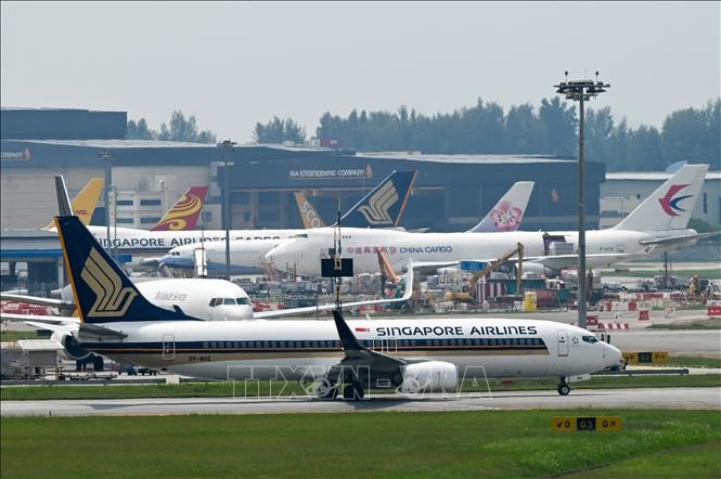 Máy bay của hãng hàng không Singapore Airlines tại sân bay Changi ở Singapore.