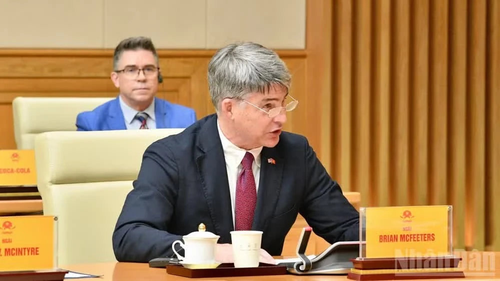 Quyền Chủ tịch Hội đồng Kinh doanh Hoa Kỳ - ASEAN (USABC) Brian McFeeters phát biểu ý kiến tại buổi làm việc.