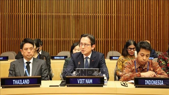 Đại sứ Đỗ Hùng Việt, Trưởng phái đoàn thường trực Việt Nam tại LHQ, phát biểu tại buổi lễ.
