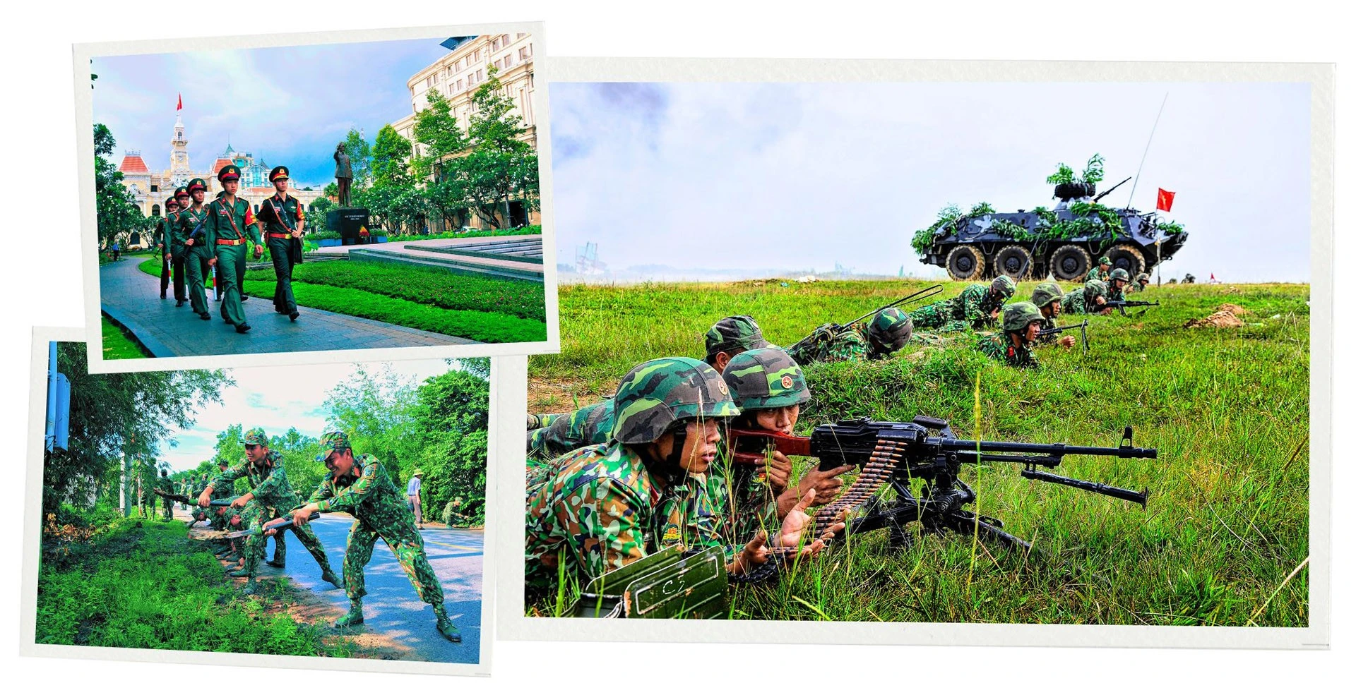 Ảnh trên cùng: Cán bộ, chiến sĩ Tiểu đoàn Kiểm soát quân sự 31 tuần tra trên địa bàn thành phố. Ảnh trái: Cán bộ, chiến sĩ Lực lượng vũ trang TP Hồ Chí Minh chung tay xây dựng nông thôn mới. Ảnh phải: Cán bộ, chiến sĩ Lực lượng vũ trang TP Hồ Chí Minh thường xuyên luyện tập nâng cao khả năng sẵn sàng chiến đấu.