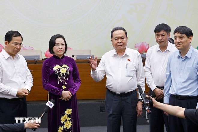 Chủ tịch Quốc hội Trần Thanh Mẫn thăm và phát biểu tại Trung tâm báo chí tại Nhà Quốc hội (Hà Nội).