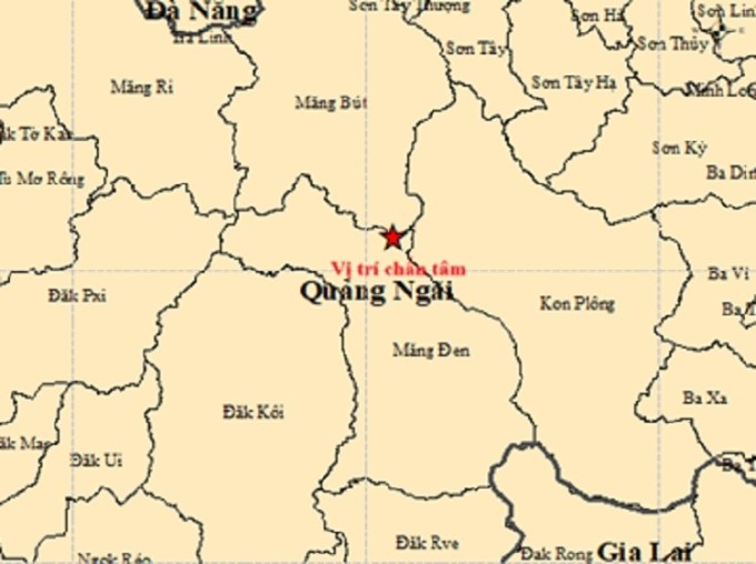 Vị trí trận động đất ở xã Măng Bút, Kon Tum cũ. Ảnh: Viện Vật lý địa cầu